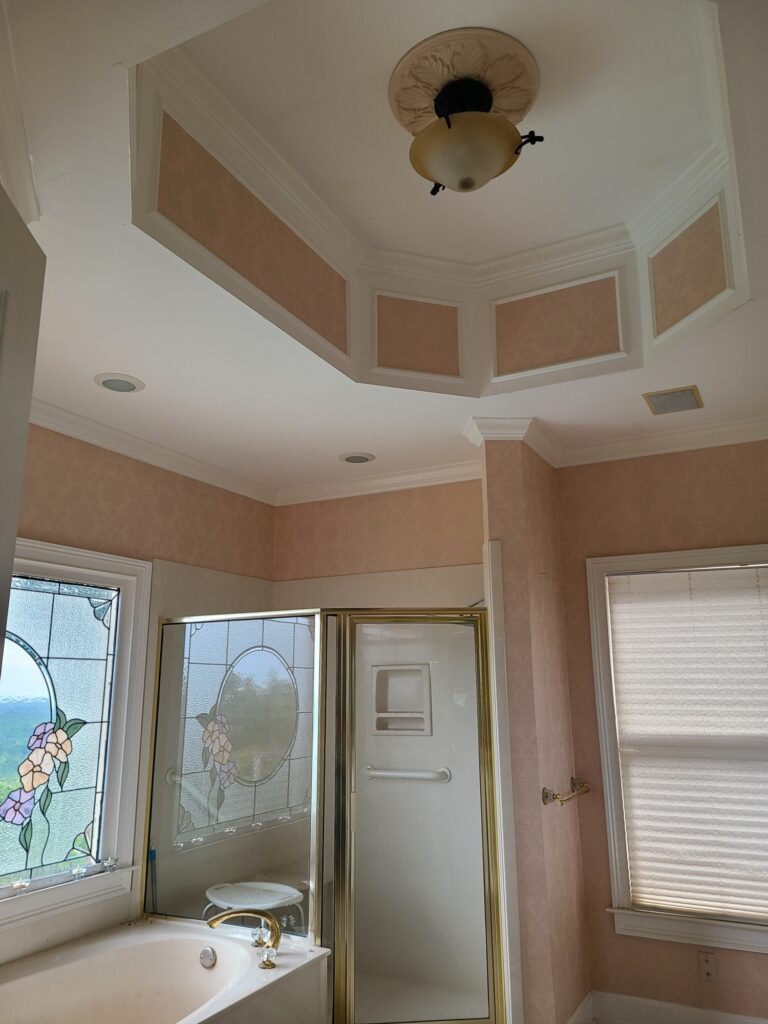 Original primary bathroom ceiling, tub and shower