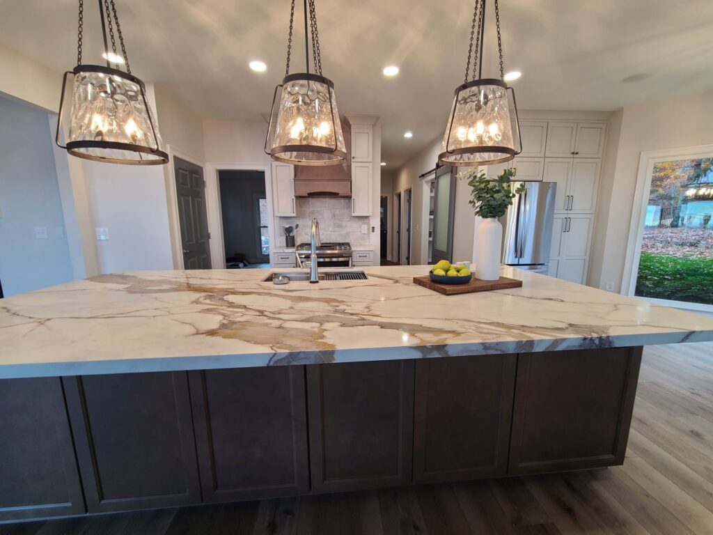 Finished kitchen island and range wall