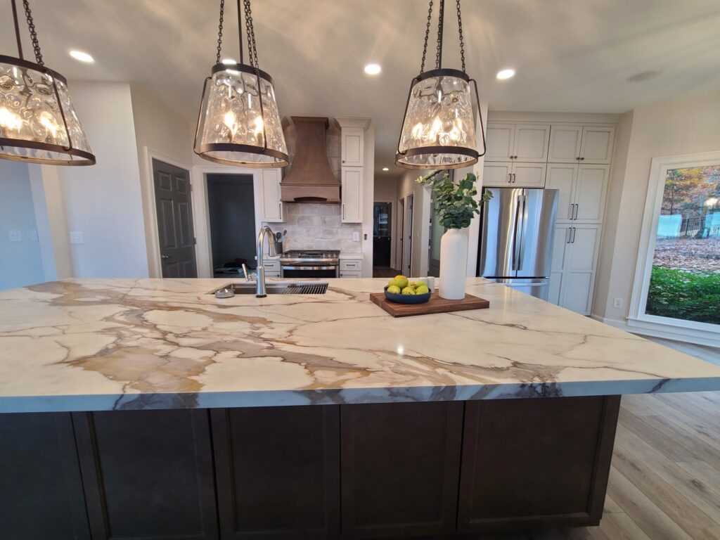 Finished kitchen island with window to the garden